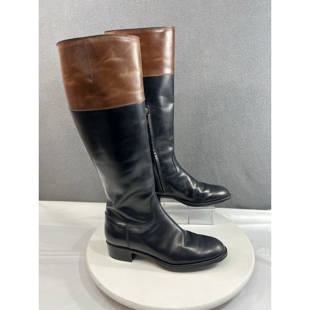 TOD'S Tall Riding Boots Knee High Black Brown Equestrian Italy Women Size 7 38
